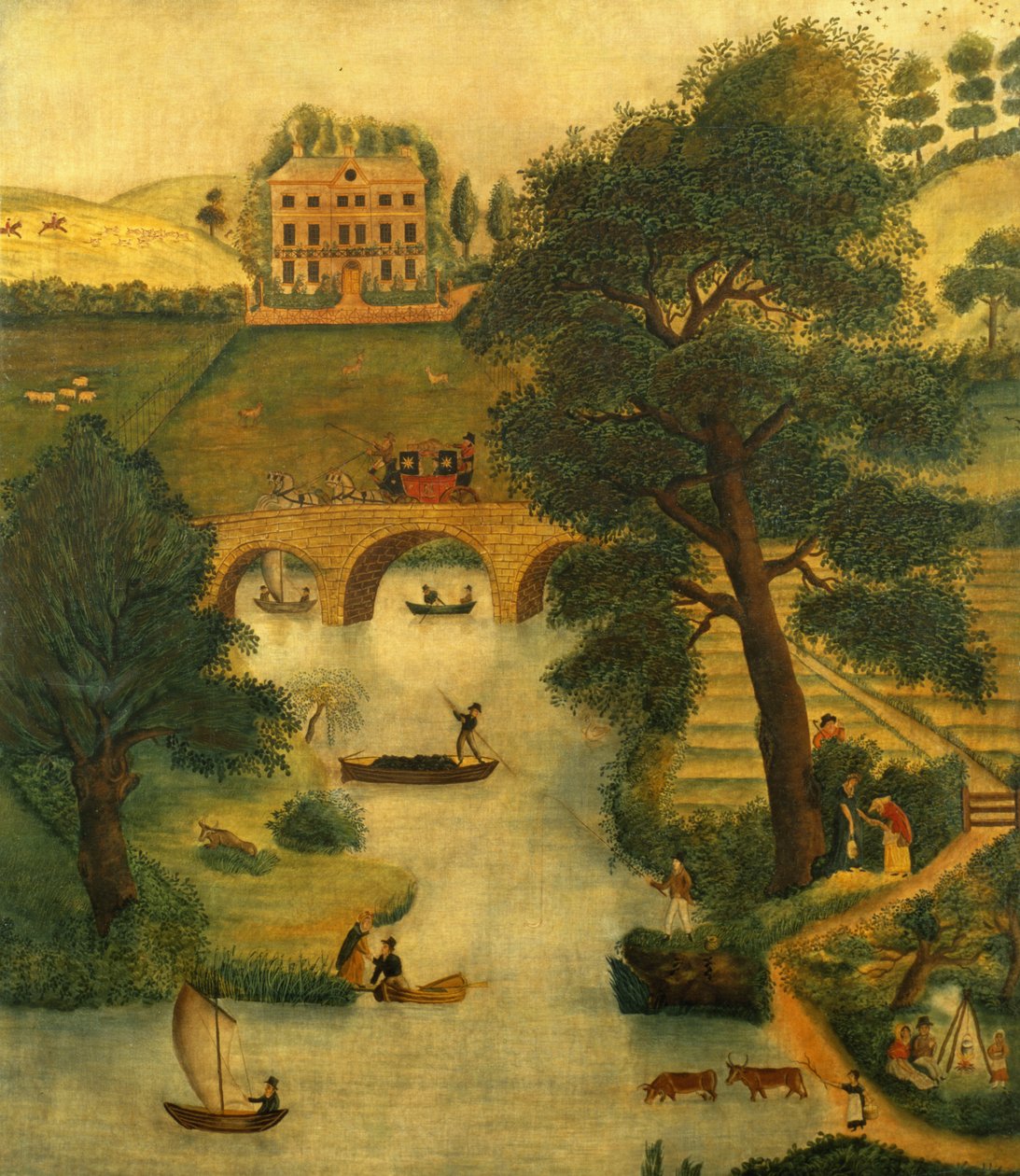 Scène rurale avec une voiture et un cheval, vers 1835 - English School
