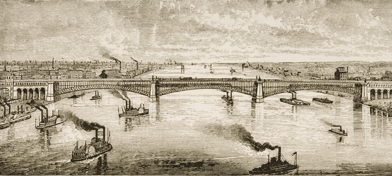 Pont en acier traversant le fleuve Mississippi à St. Louis, vers 1874 - English School