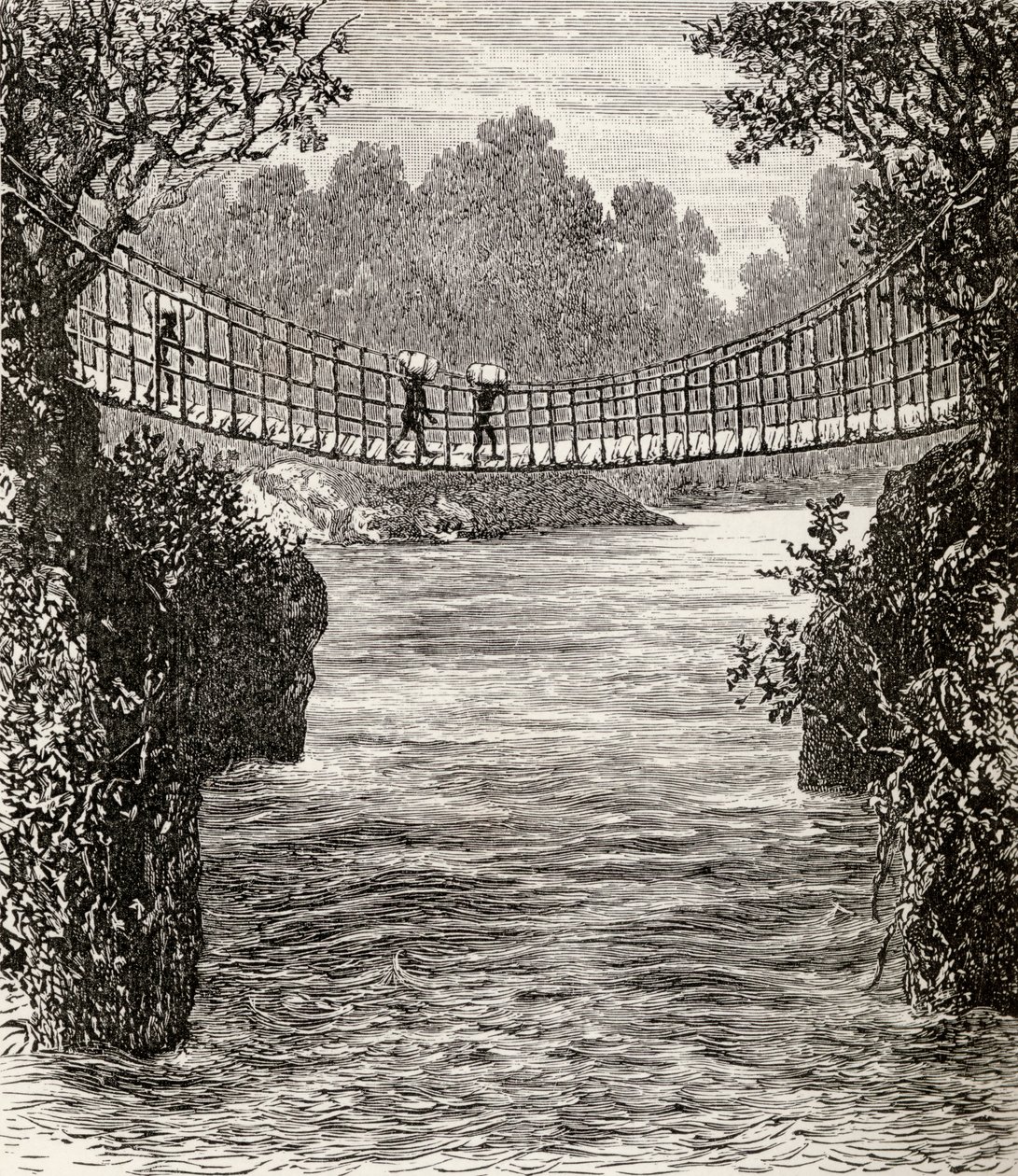 Pont suspendu sur la rivière Ituri, Congo, 1890 - English School