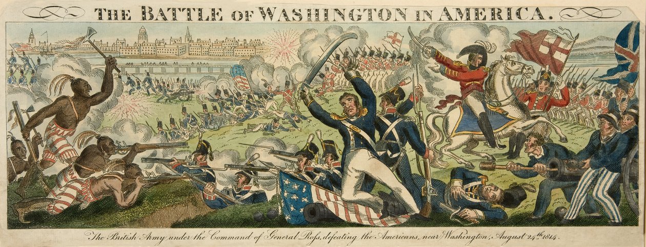 La bataille de Washington en Amérique, 24 août 1814, pub. c.1816 (gravure à la main colorée) - English School