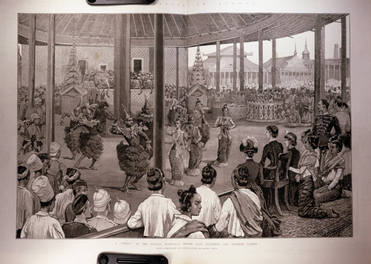 Les Britanniques en Birmanie : Un Pooay au Palais, Mandalay, devant Lady Dufferin et les dames birmanes, de 