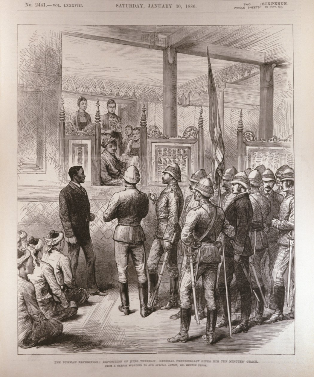 La déposition du roi Theebaw (1858-1916) en Birmanie : Le général Prendergast lui accorde dix minutes de grâce, de The Illustrated London News, 30 janvier 1886 - English School