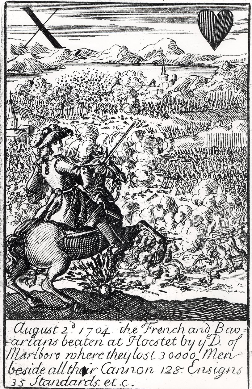 Le Duc de Marlborough défait les Français et les Bavarois à la bataille de Blenheim, 2 août 1704, carte à jouer anglaise - English School