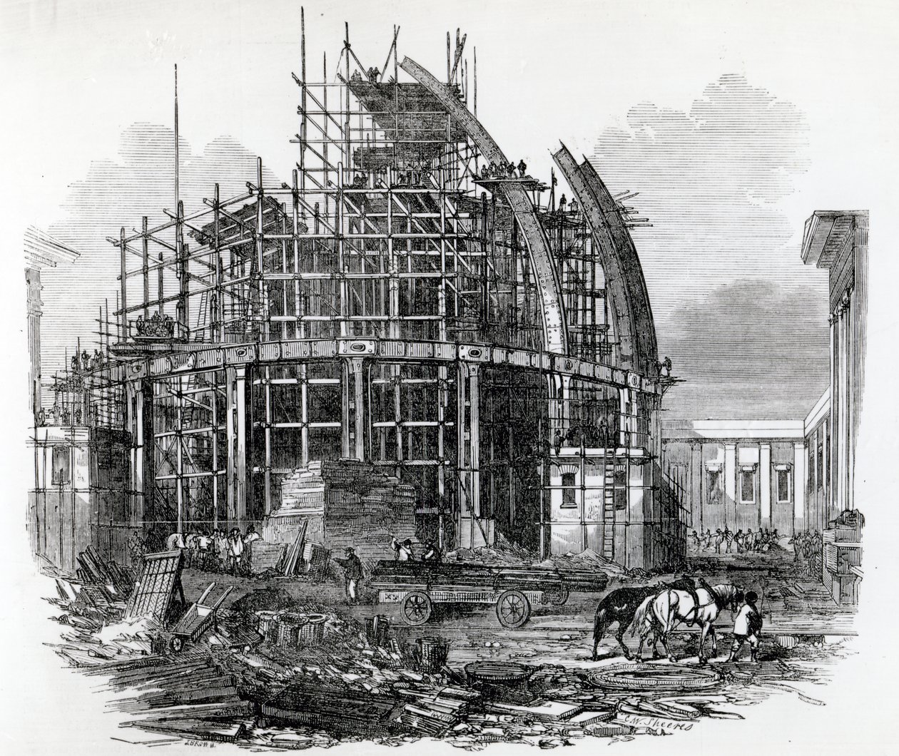 La nouvelle salle de lecture au British Museum, en cours de construction, gravée par C.W. Sheeres, publiée dans 