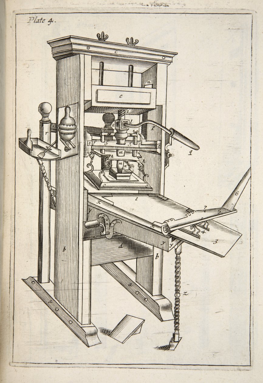 La presse à imprimer, de Mechanick Exercises: or The Doctrine of Handy-Works applied to the Art of Printing, pub. 1683 - English School