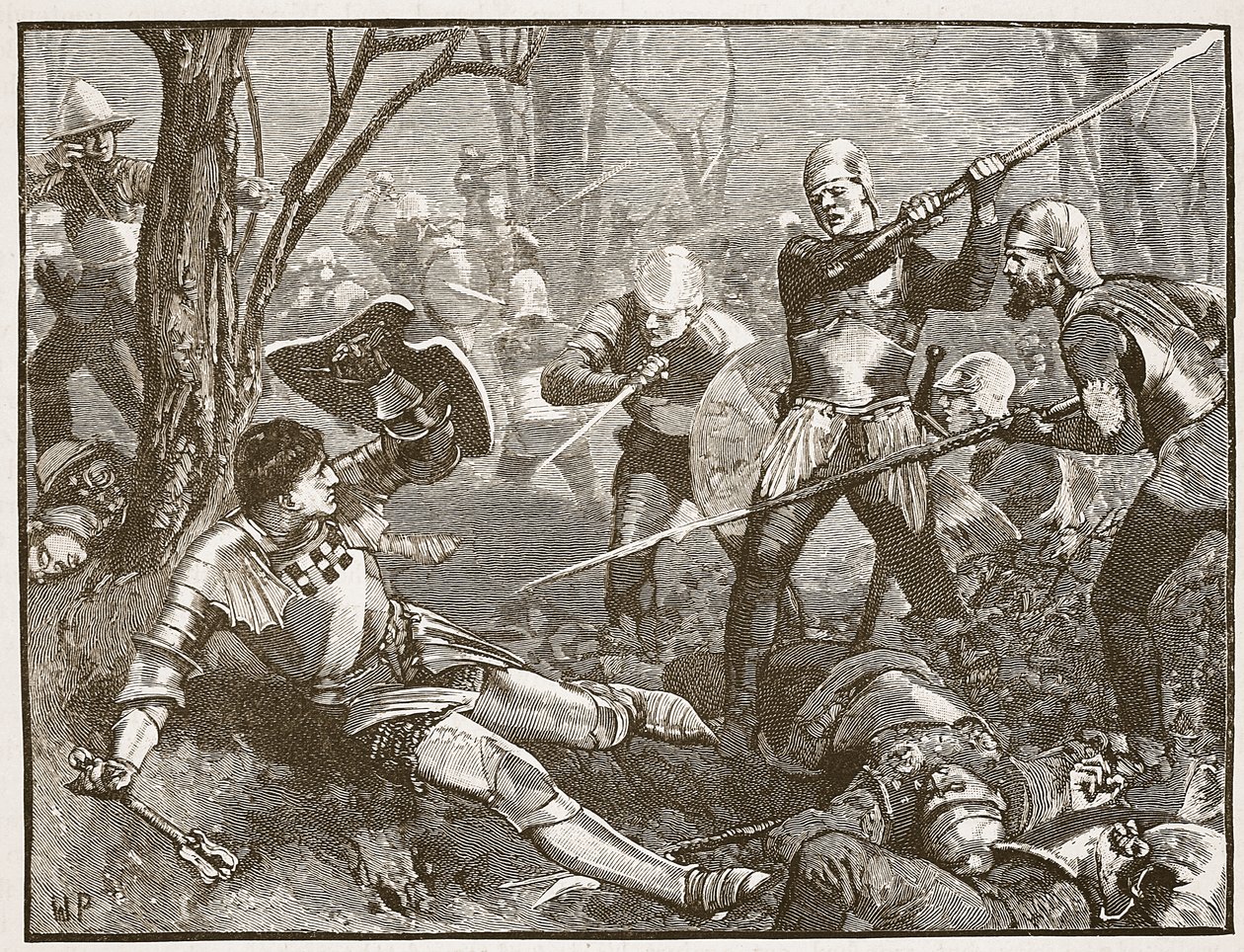 La mort du faiseur de rois à la bataille de Barnet, vers 1880, illustration de Cassells Illustrated History of England - English School