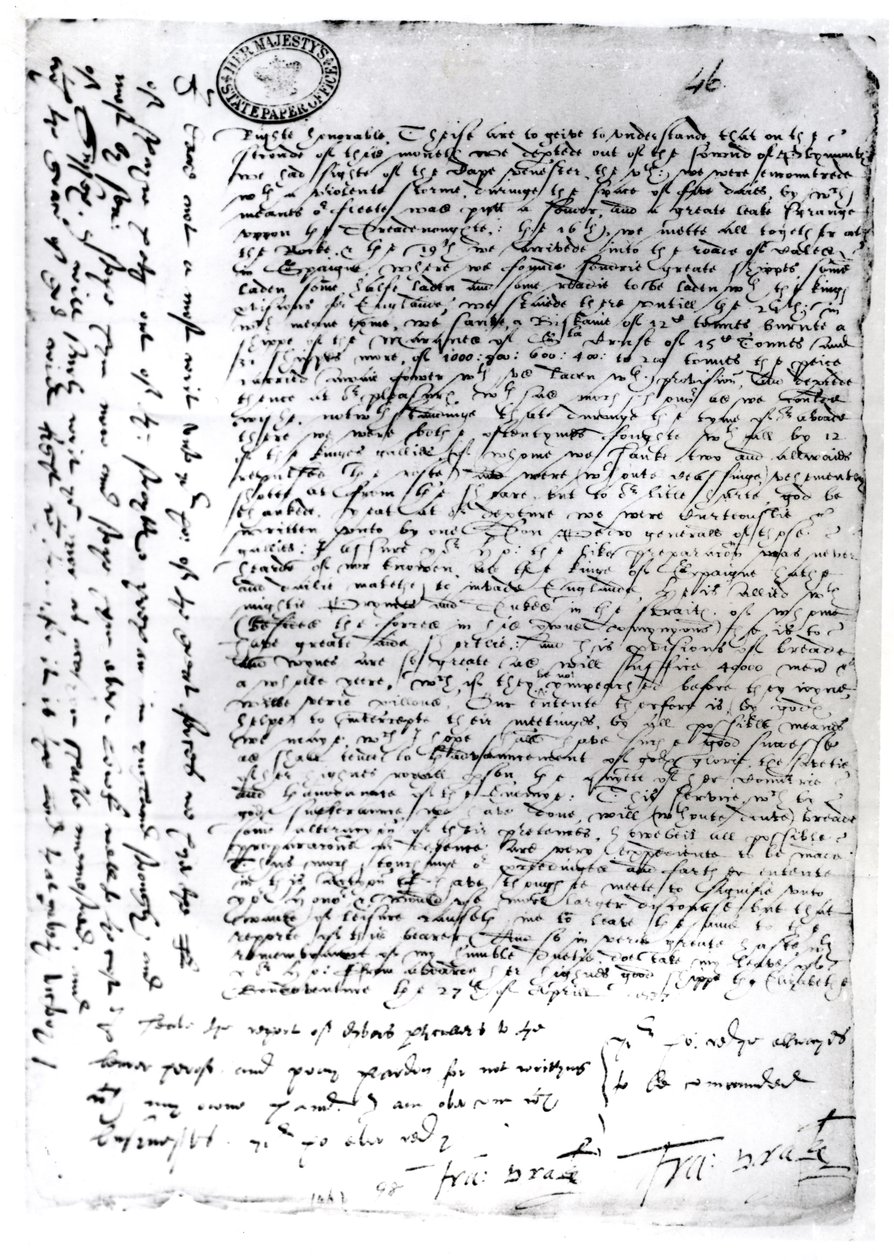 Les dépêches écrites de Sir Francis Drake (vers 1540-96) de Cadix, 1587 - English School