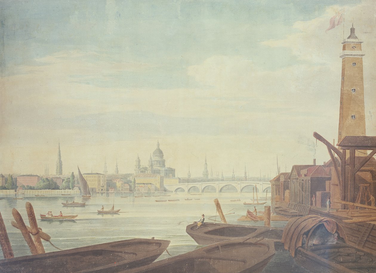 Vue du Temple, de la cathédrale Saint-Paul et du pont de Blackfriars, depuis la fabrique de plombs de Maltby, 1760 - English School