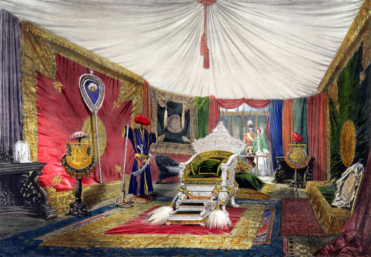 Vue de la salle sous tente et du trône sculpté en ivoire, dans la section Inde de la Grande Exposition de 1851, de Dickinsons Comprehensive Pictures - English School