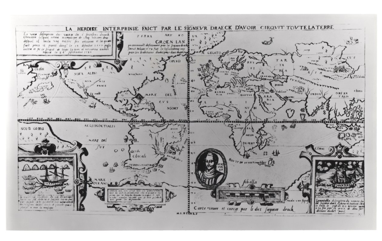 Carte du monde détaillant les expéditions et la circumnavigation globale de Sir Francis Drake (c.1540-96) 1577-1580 - English School