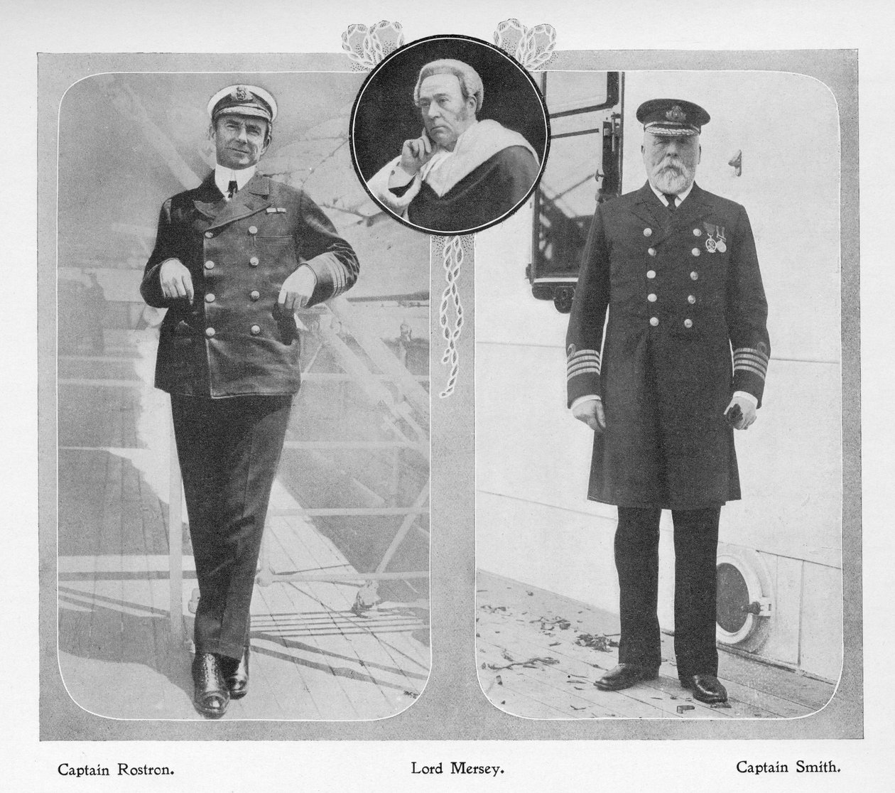 Arthur Henry Rostron, capitaine du RMS Carpathia qui a sauvé les survivants du Titanic (à gauche), Lord Mersey qui a dirigé la commission d