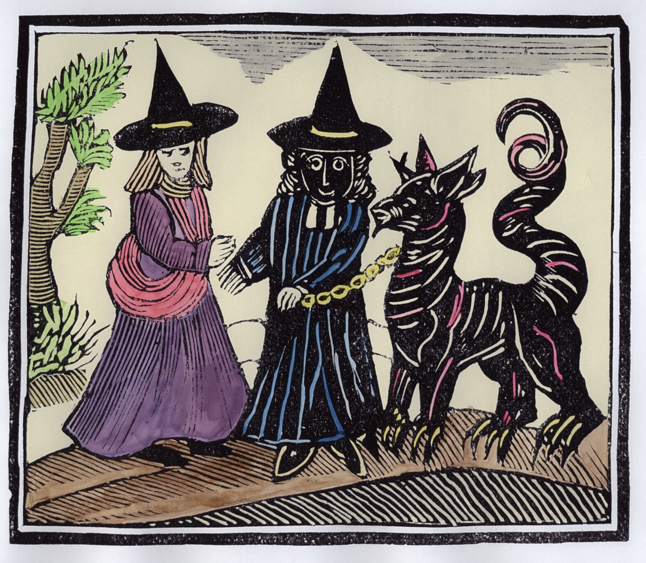 Une sorcière noire et une sorcière blanche avec un animal diabolique, illustration d