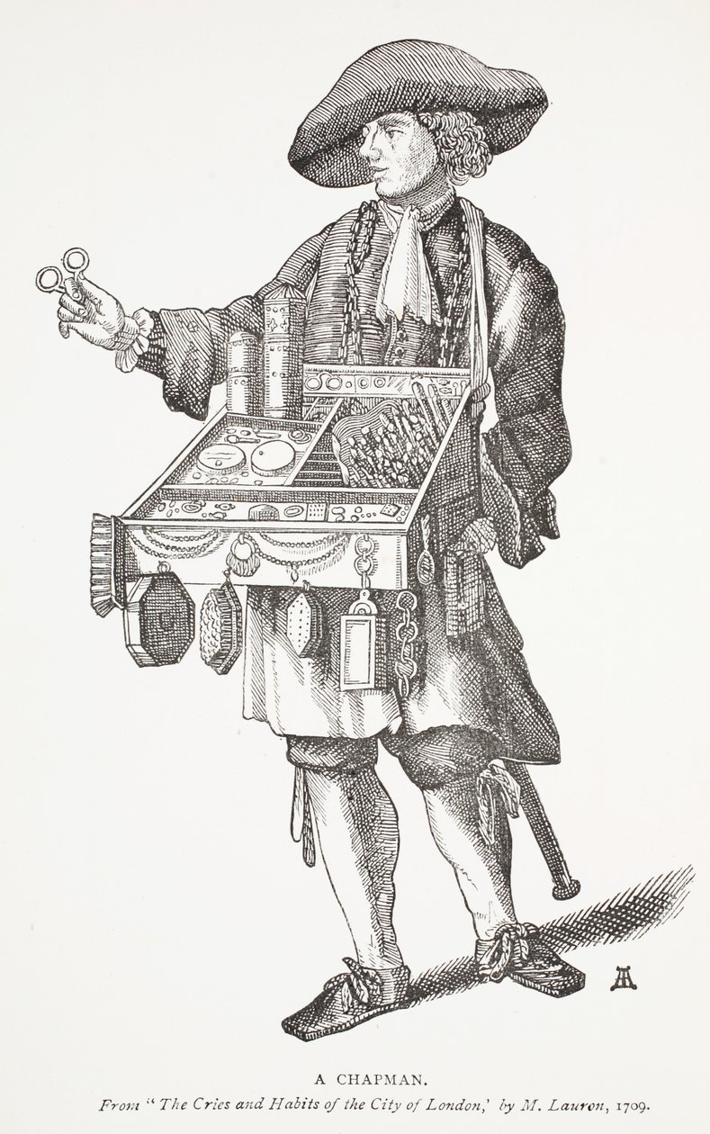 Un colporteur, frontispice de Les cris et les habitudes de la ville de Londres par M. Lauren, 1709, illustration de Chap-books du XVIIIe siècle par John Ashton, pub. 1882 - English School