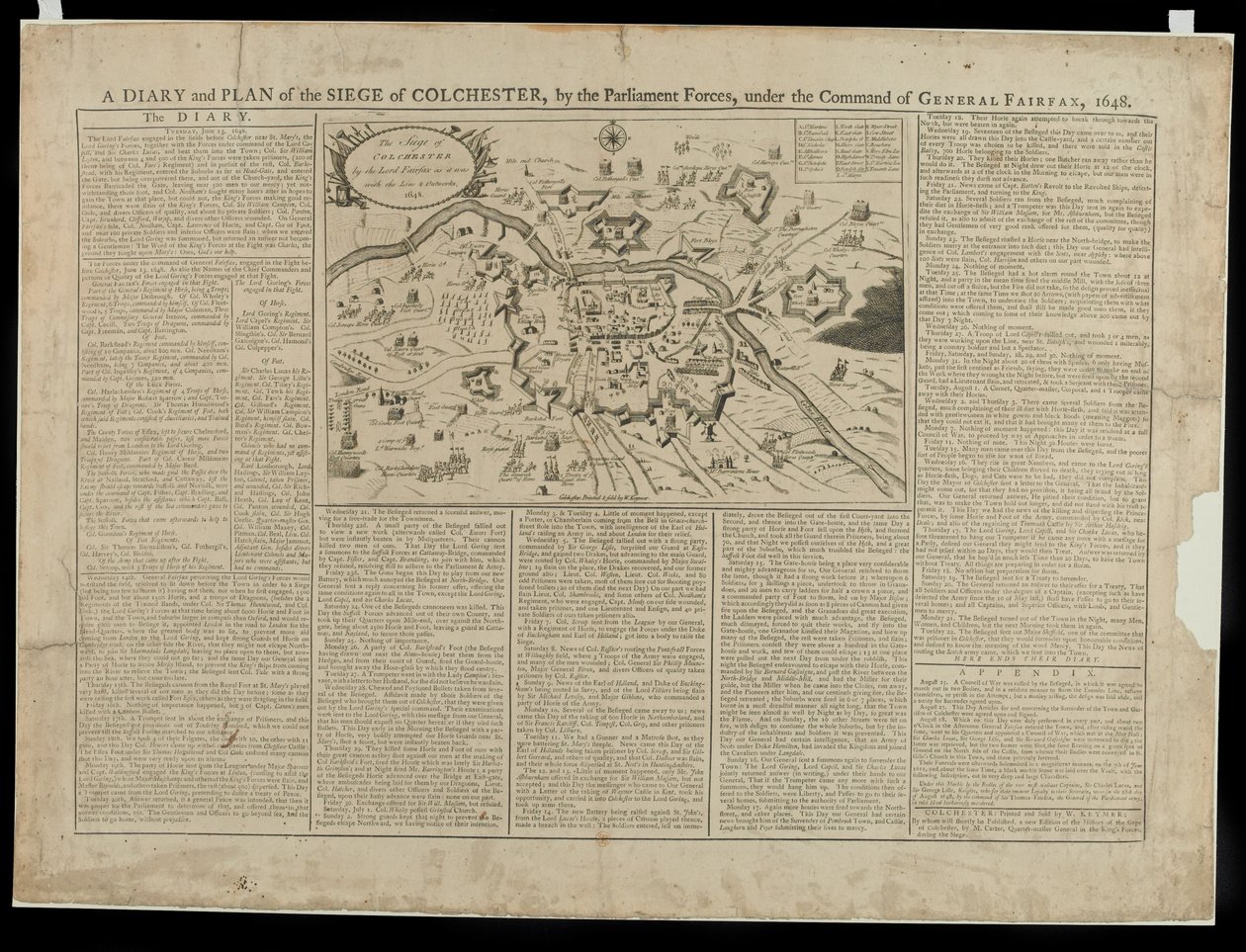 Journal et plan pictural du siège de Colchester 1648, imprimé et vendu par W. Keymer, 1648 - English School
