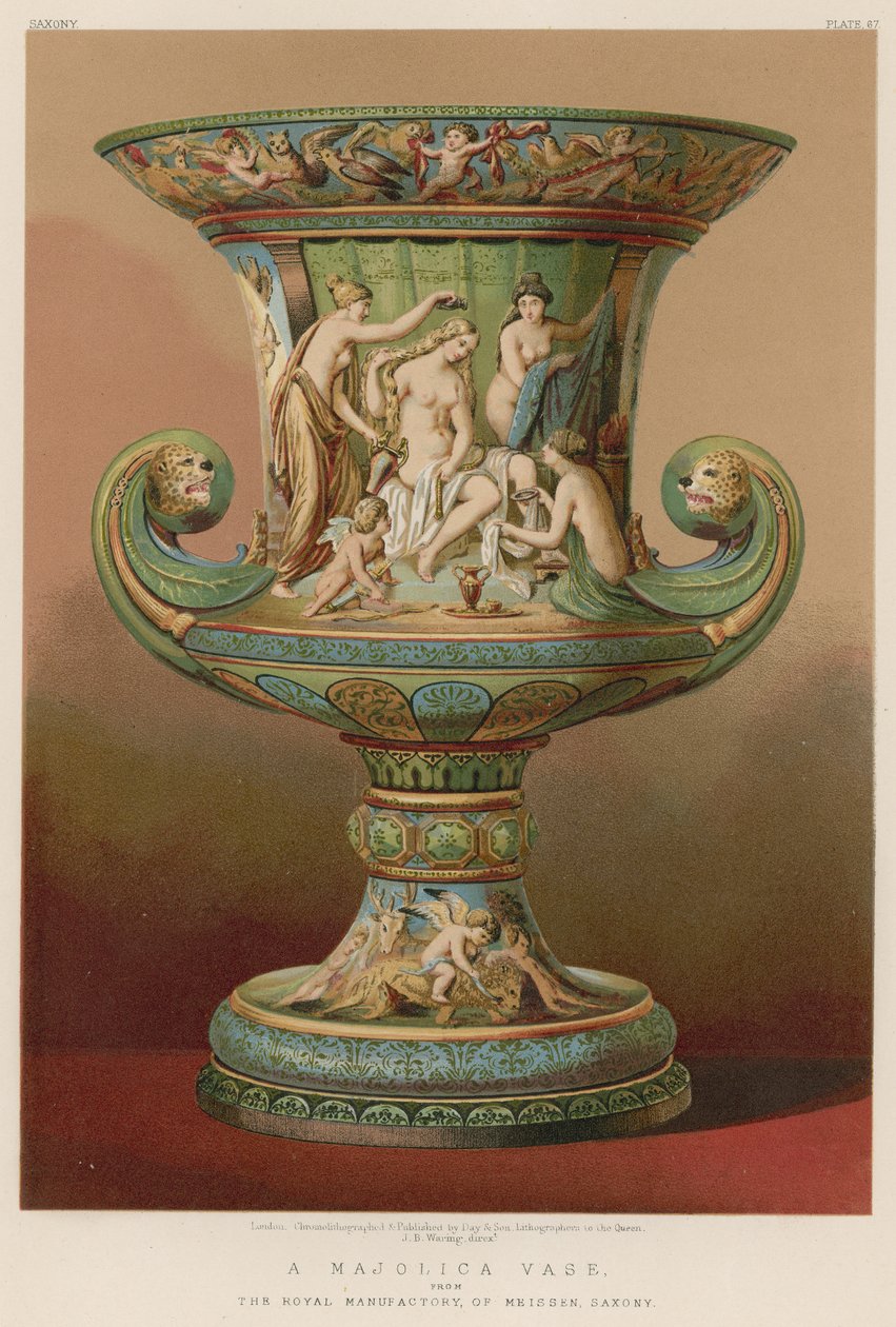 Vase en majolique de la Manufacture royale de Meissen, Saxe (chromolitho) - English School