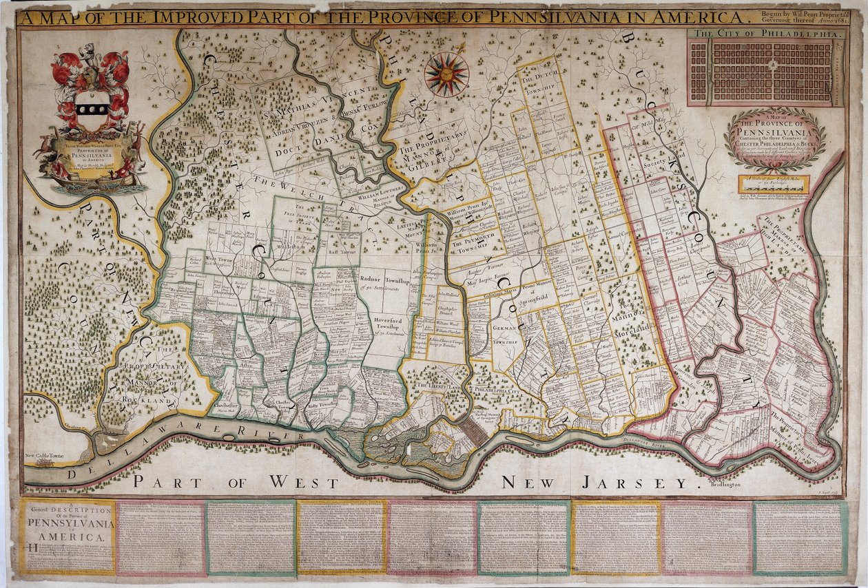 Carte de la partie améliorée de la province de Pennsylvanie en Amérique, par Thomas Holme - English School