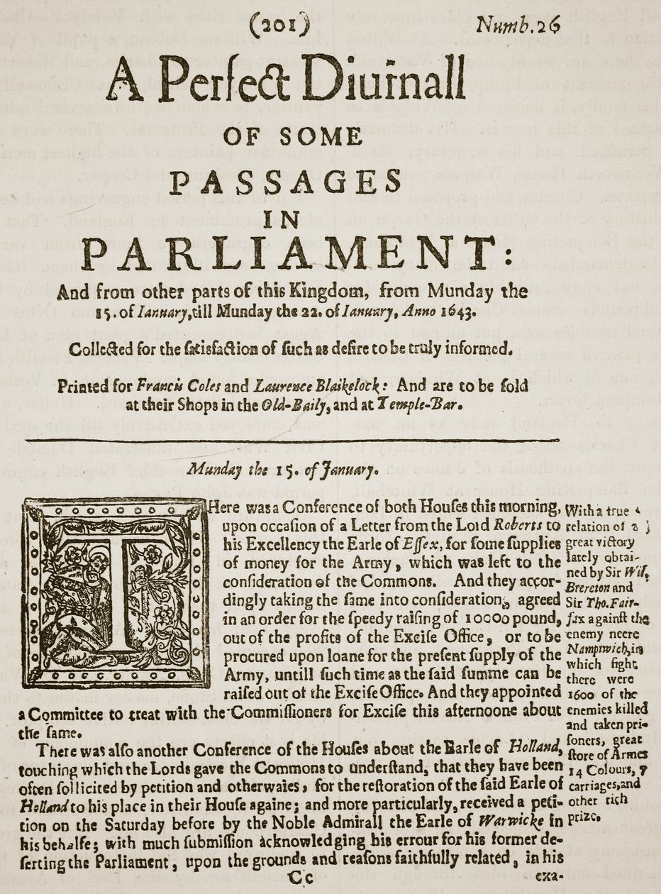 A Perfect Diurnall, fac-similé de la première page du numéro 26, 1643 (illustration de Cassells Illustrated History of England) - English School