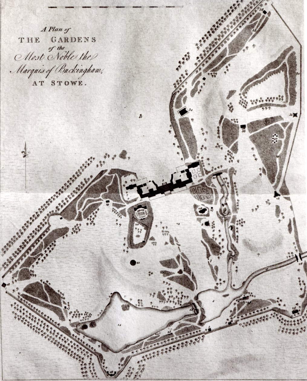 Plan des jardins du très noble marquis de Buckingham à Stowe, du guide des visiteurs, publié en 1797 - English School