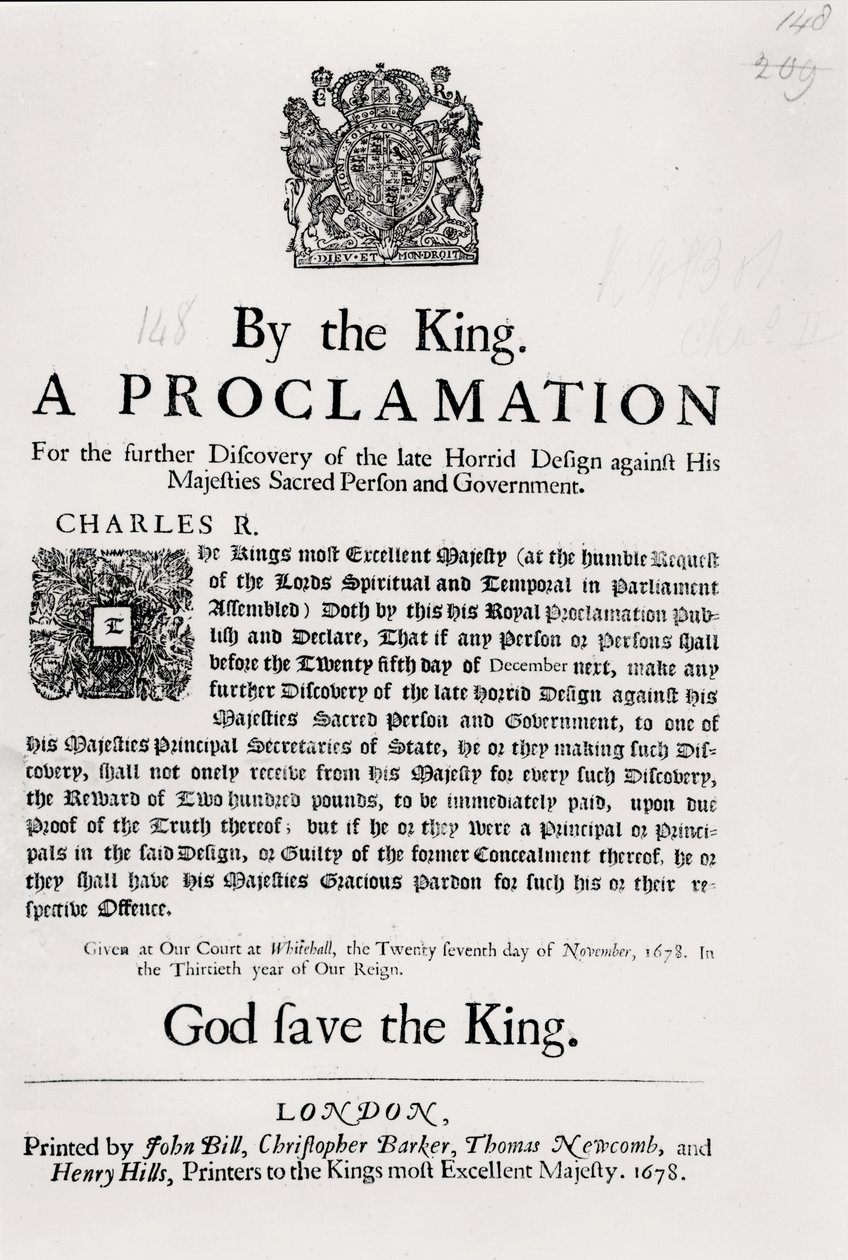 Proclamation du Roi pour la découverte du dernier complot horrible contre Sa Majesté et le gouvernement, 27 novembre 1678 - English School