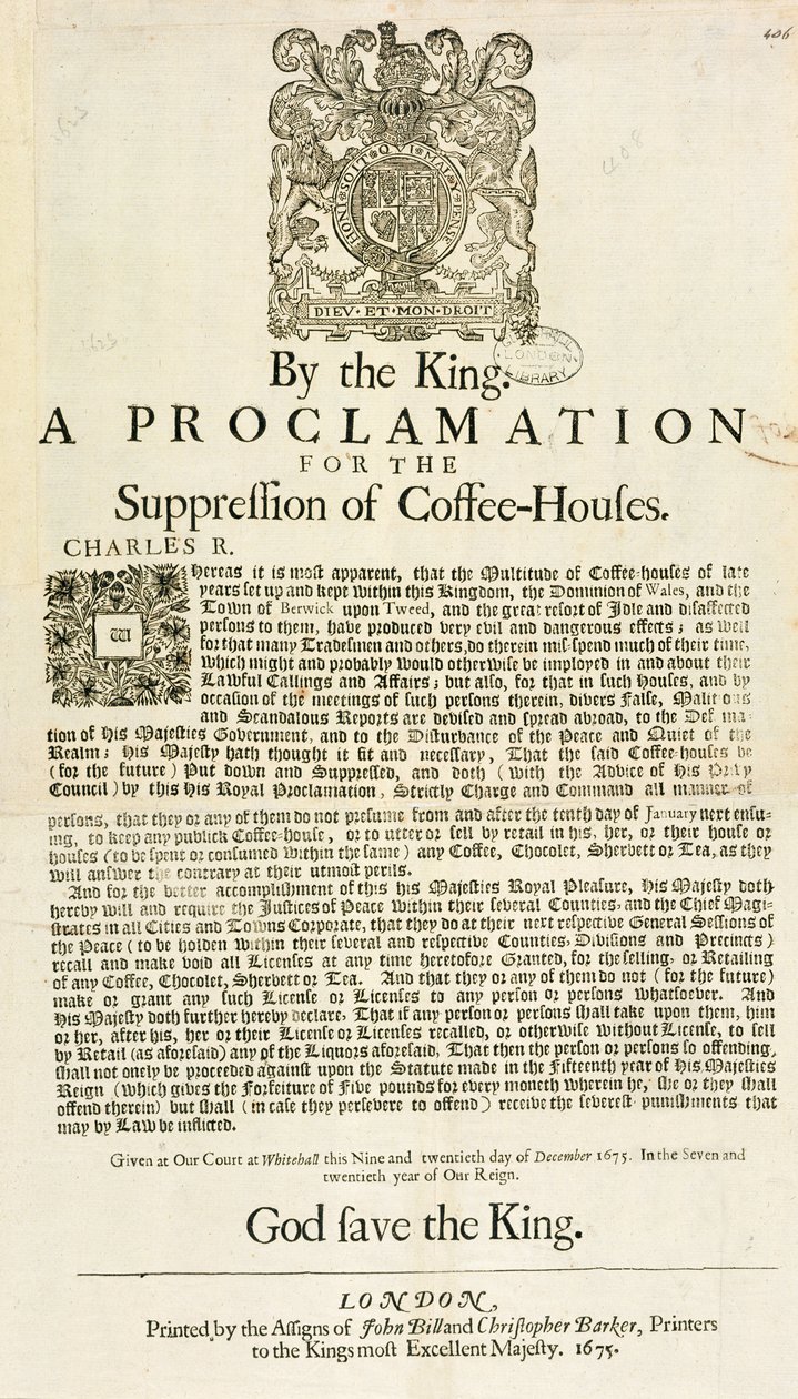 Proclamation du Roi pour la suppression des cafés, 1675 - English School