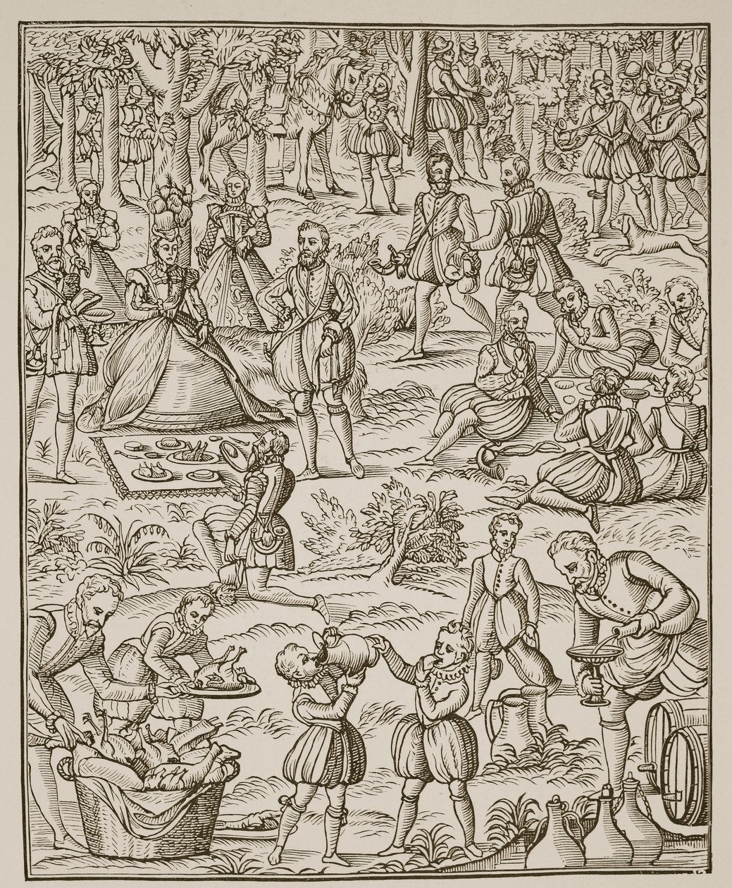 Un pique-nique royal, planche de Noble Art of Venerie and Hunting par George Turberville, 1575 - English School