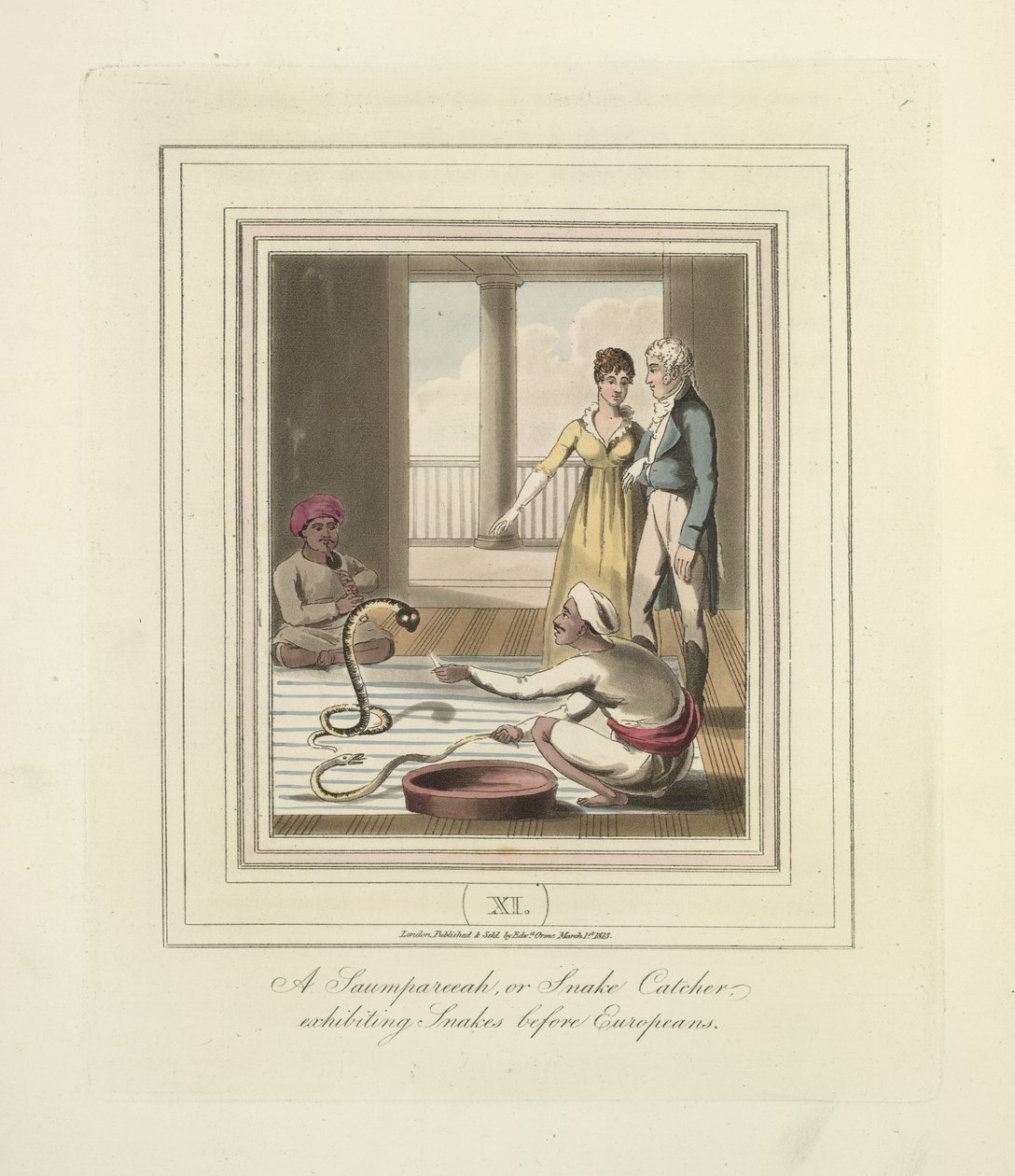 Un Saumpareeah ou chasseur de serpents exhibant des serpents devant des Européens, c.1824 - English School
