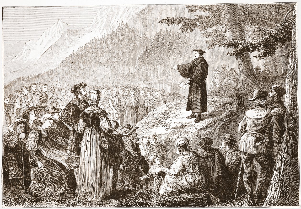 Un réformateur suisse prêchant à son troupeau en plein air, illustration de L