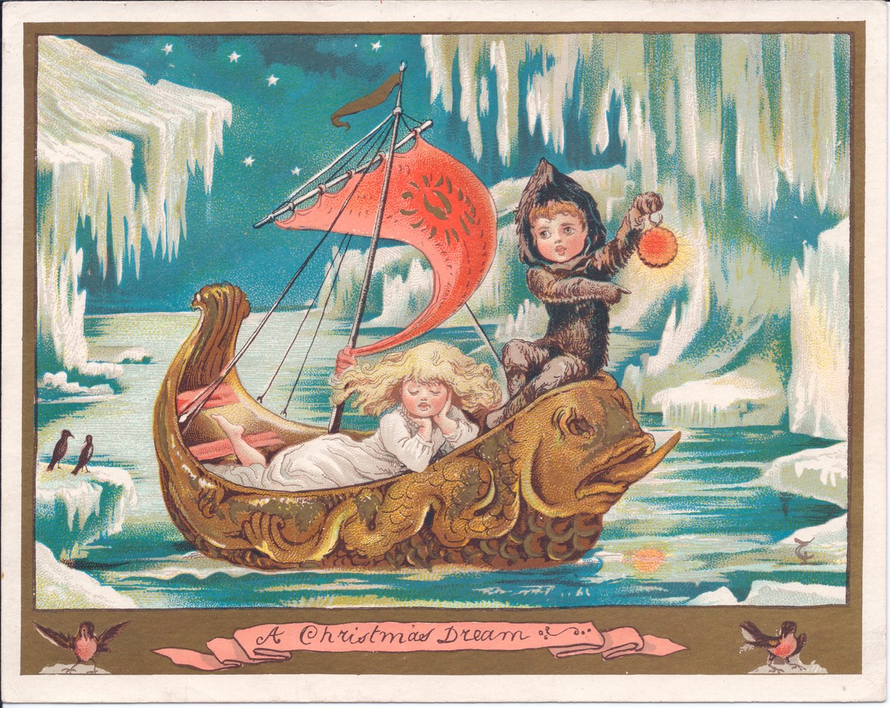 Carte de Noël victorienne avec une fée fille endormie dans un bateau orné de dauphins sur une mer gelée tandis qu