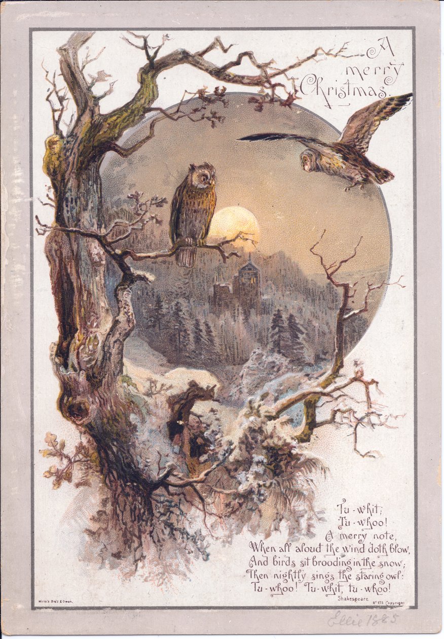 Carte de Noël victorienne avec un hibou perché sur une branche par une nuit de clair de lune, vers 1880 (lithographie en couleur) - English School