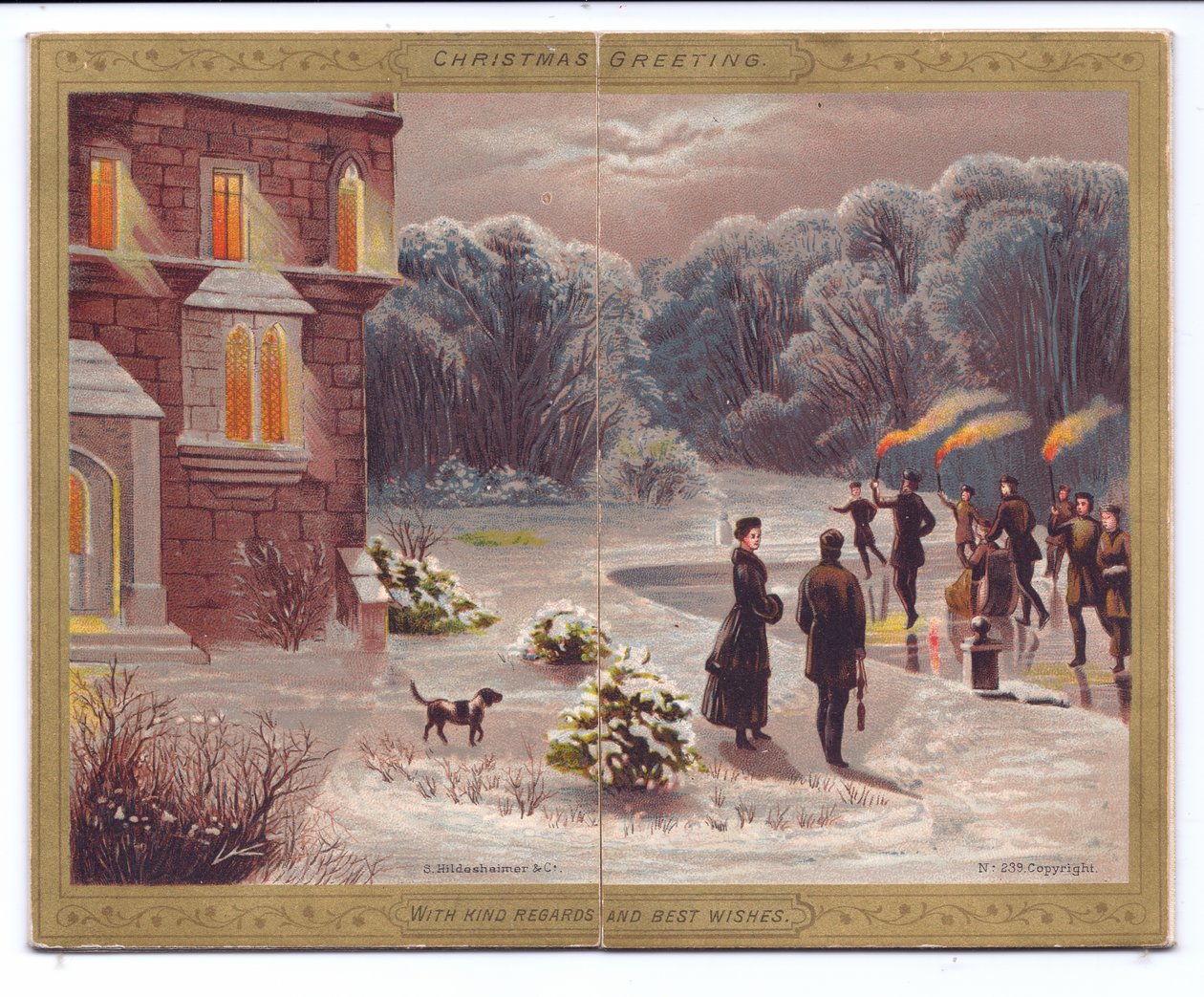 Carte de Noël victorienne de patineurs avec des torches enflammées patinant sur un lac gelé devant un manoir avec des spectateurs et un chien, vers 1880 - English School