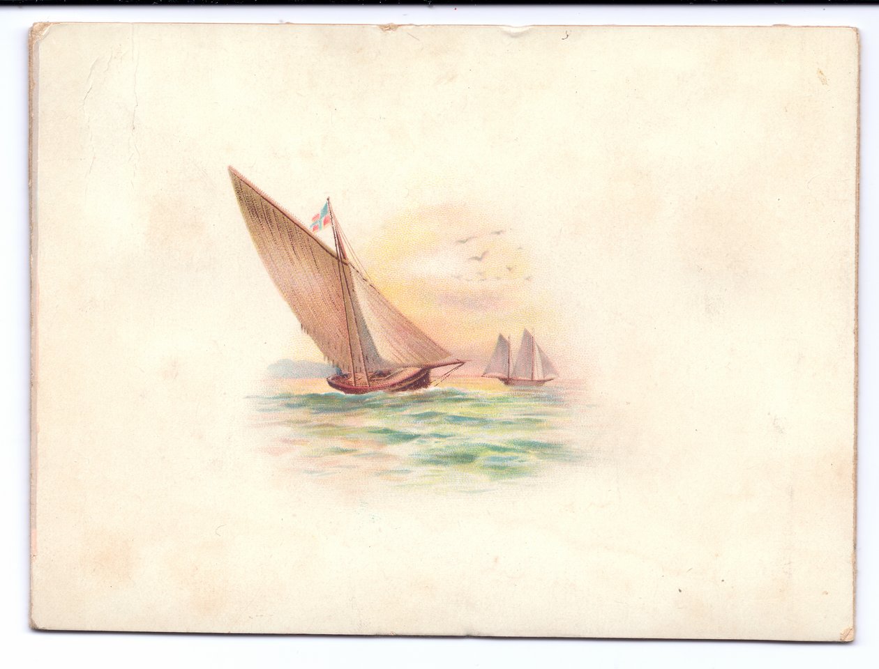 Carte de Nouvel An victorienne avec des yachts naviguant au clair de lune, vers 1895 - English School