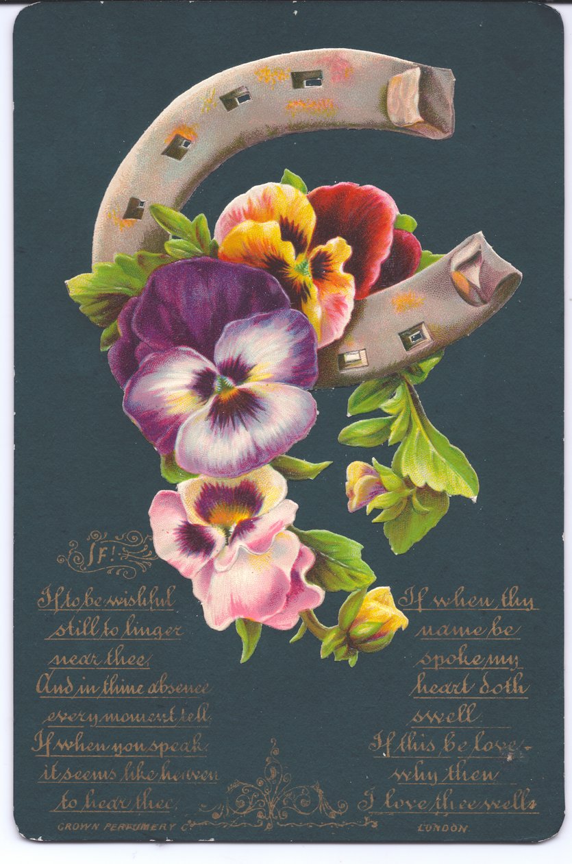 Carte de vœux victorienne de bonne chance avec un fer à cheval et des pensées, c.1880 - English School
