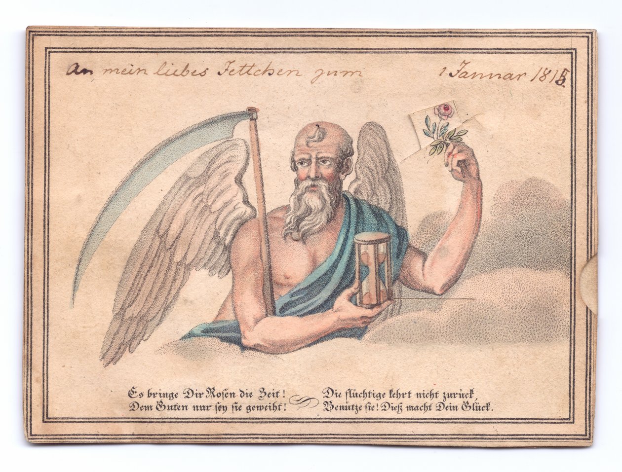 Carte de vœux victorienne du faucheur avec une faux et un sablier tenant une rose, vers 1815 (lithographie en couleur) - English School