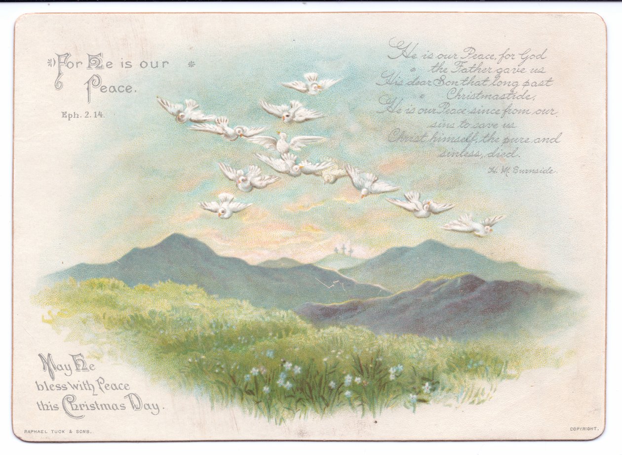 Carte de Noël religieuse victorienne avec des colombes volant en forme de croix, vers 1880 (lithographie en couleur) - English School