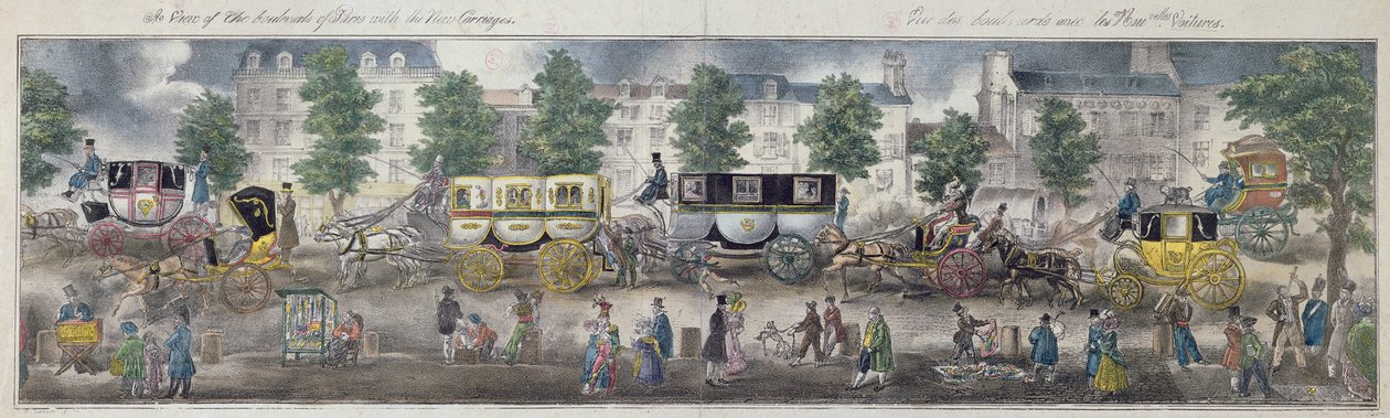 Vue des boulevards de Paris avec les nouvelles voitures, 1828 (gravure en couleur) - English School