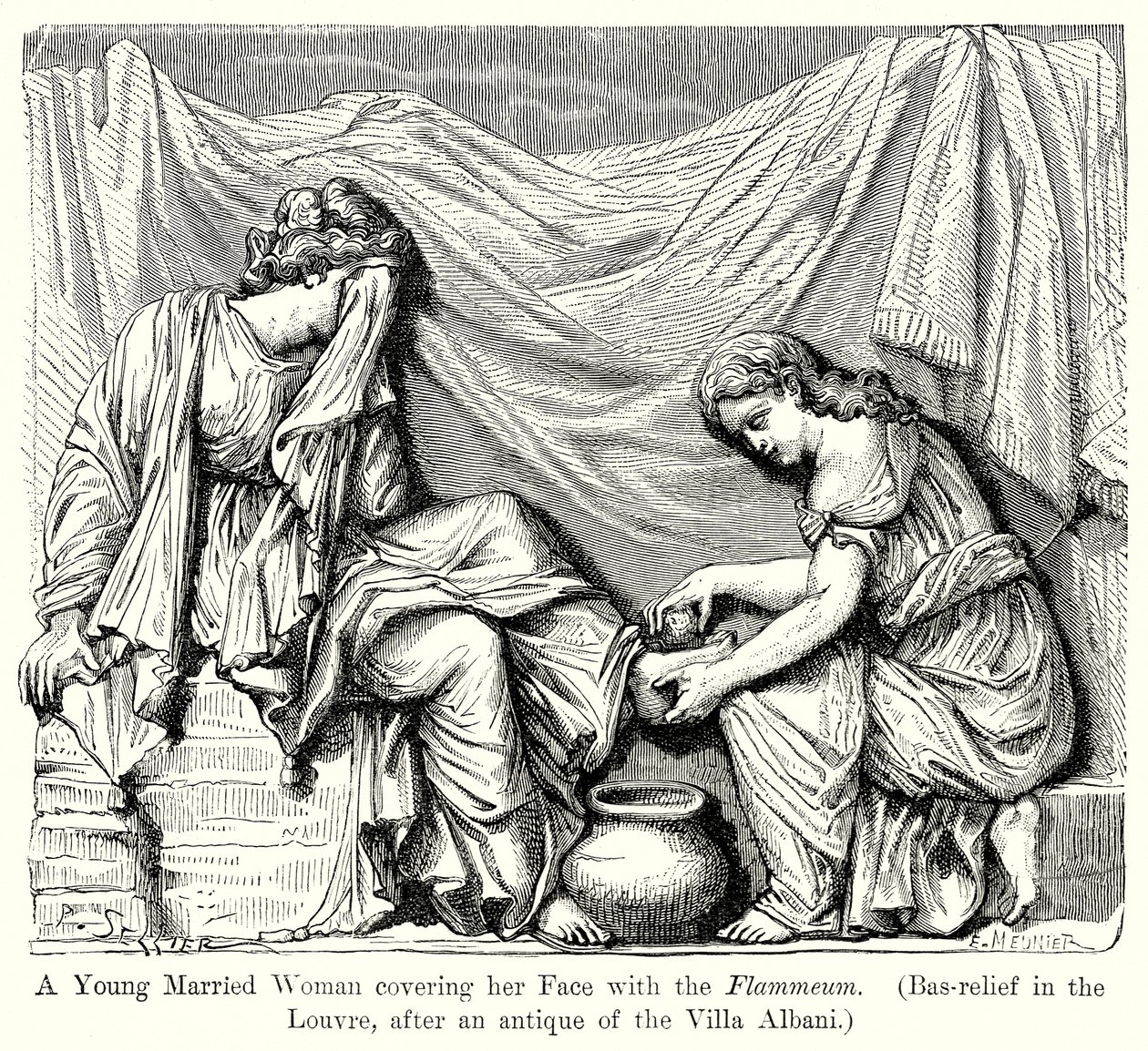 Jeune femme mariée se couvrant le visage avec le Flammeum. (Bas-Relief du Louvre ...) (gravure) - English School