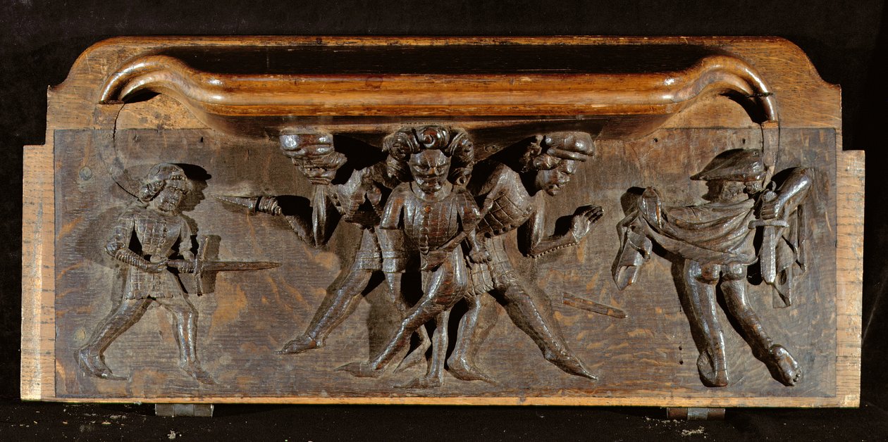 Une miséricorde endommagée représentant trois hommes se battant avec des poignards et des épées, New College Chapel, Oxford, fin du 14ème siècle - English School