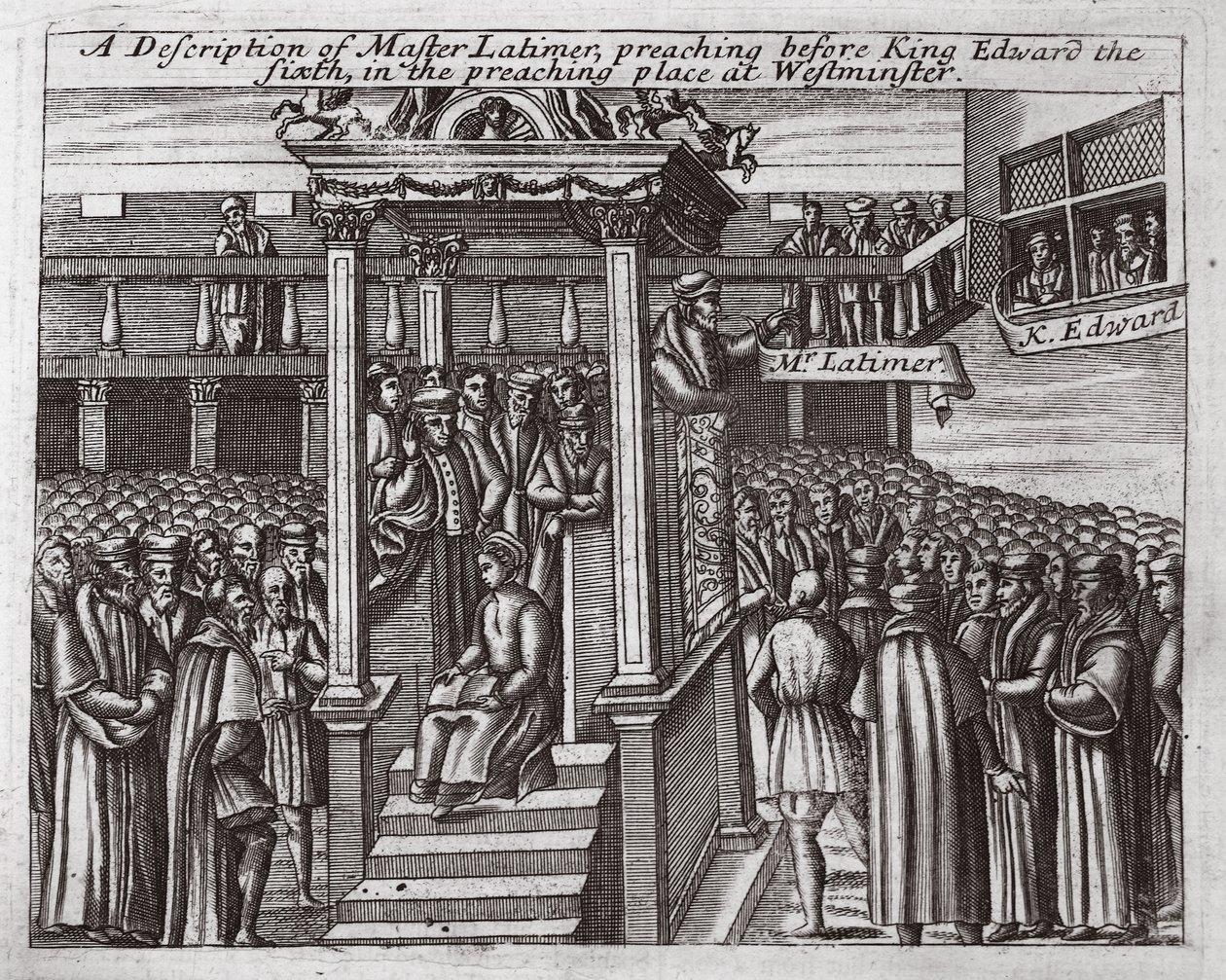 Description de Maître Latimer, prêchant devant le roi Édouard VI dans le lieu de prédication à Westminster, illustration des Actes et Monuments de John Foxe, neuvième édition, pub. 1684 - English School