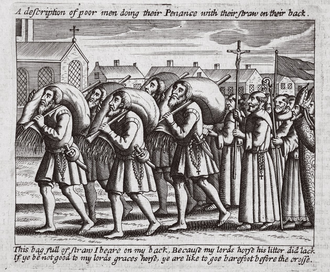 Description des pauvres hommes faisant leur pénitence avec leur paille sur le dos, illustration des Actes et Monuments de John Foxe, neuvième édition, pub. 1684 - English School