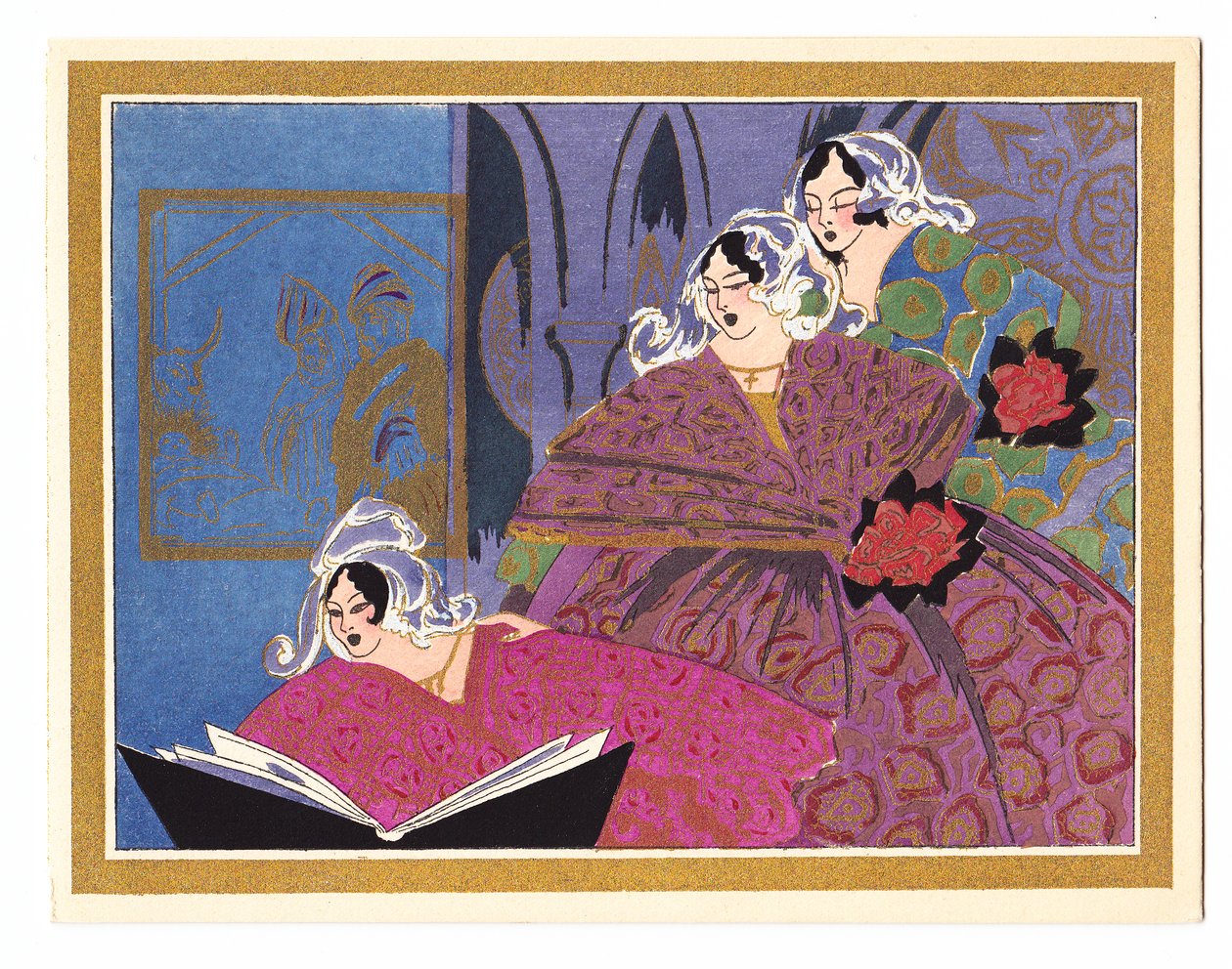 Carte de Noël française pochoir colorée à la main représentant trois dames chantant à partir d