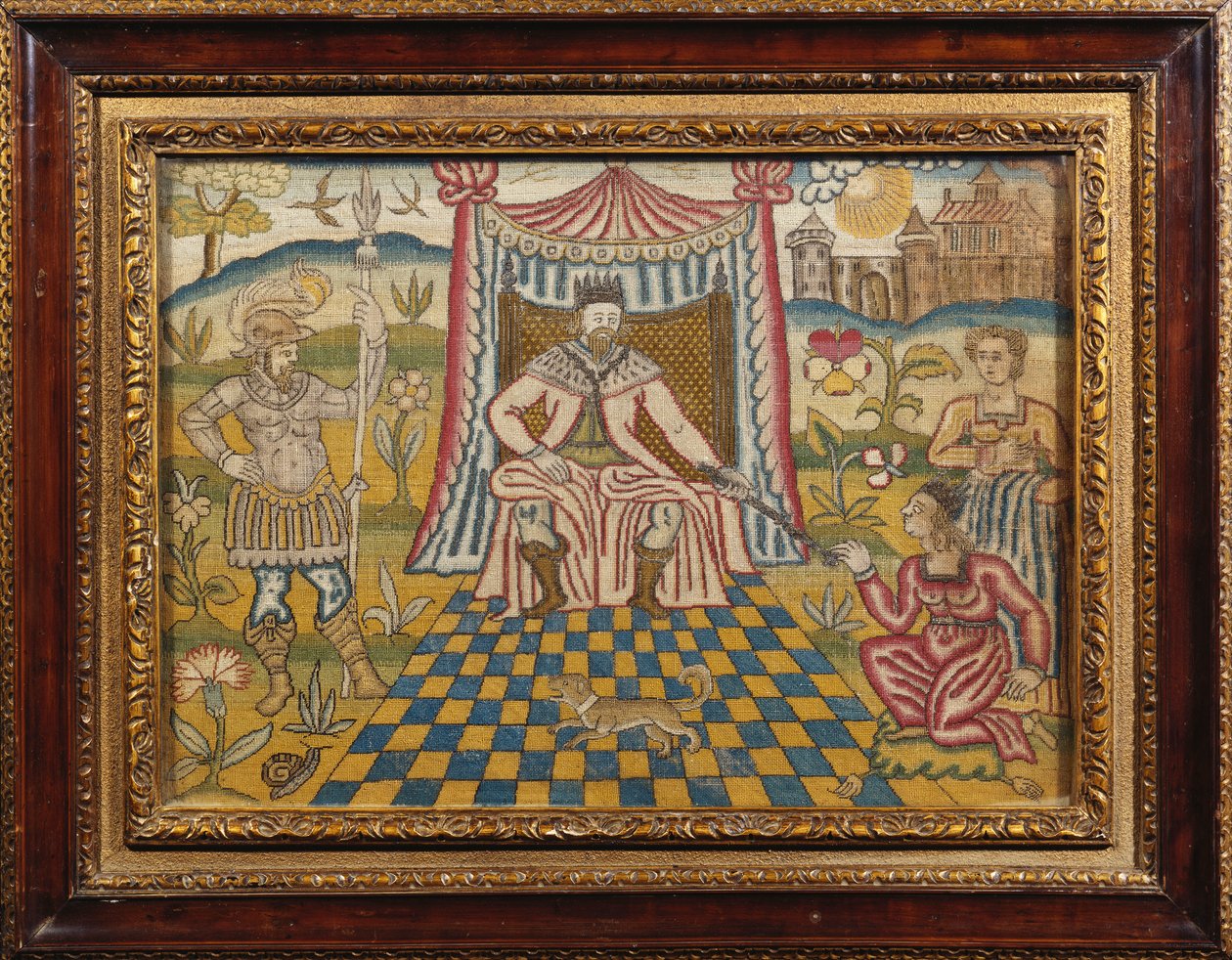 Une broderie représentant le roi Assuérus assis sous un dais, tendant son sceptre à Esther - English School