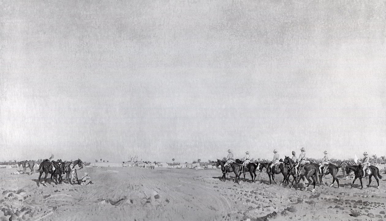 Une patrouille des 14e Hussards avec le commandant le lieutenant-colonel R.W. Hewitt DSO approchant pour prendre la reddition turque à la reddition de Kazimain, 11 mars 1917 - English School
