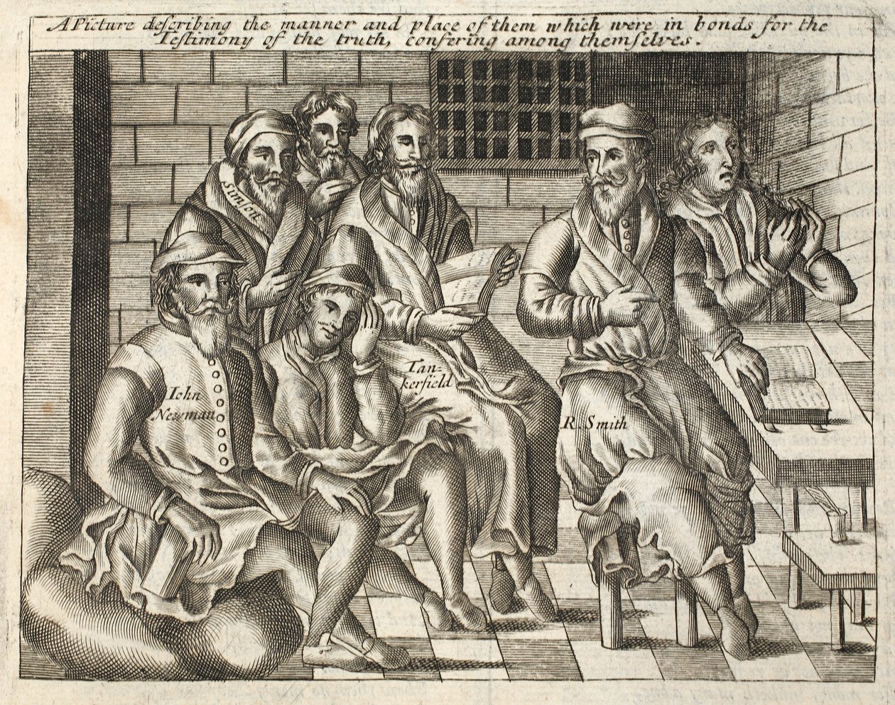 Image décrivant la manière et le lieu de ceux qui étaient enchaînés pour le témoignage de la vérité, se conférant entre eux, illustration des Actes et Monuments de John Foxe, neuvième édition, pub. 1684 - English School