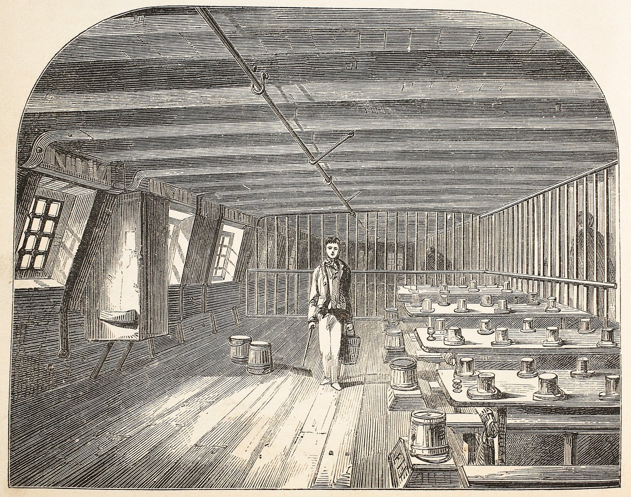 Un quartier à bord du Defence hulk aménagé pour le retour des condamnés au dîner, illustration de The Criminal Prisons of London and Scenes from Prison Life par Henry Mayhew et John Binny, pub. 18 - English School