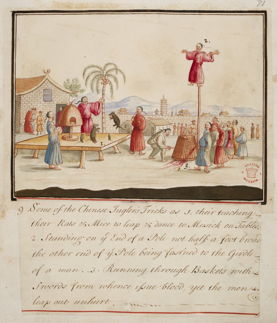 Add. 5353, f.71 Quelques-uns des tours de jongleur chinois, de Collections de Costumes de Diverses Nations - English School