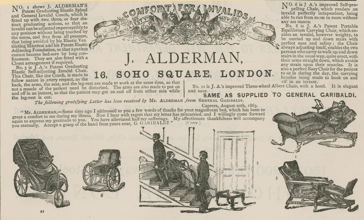 Publicité pour J Alderman, fabricant de voitures pour invalides (gravure) - English School