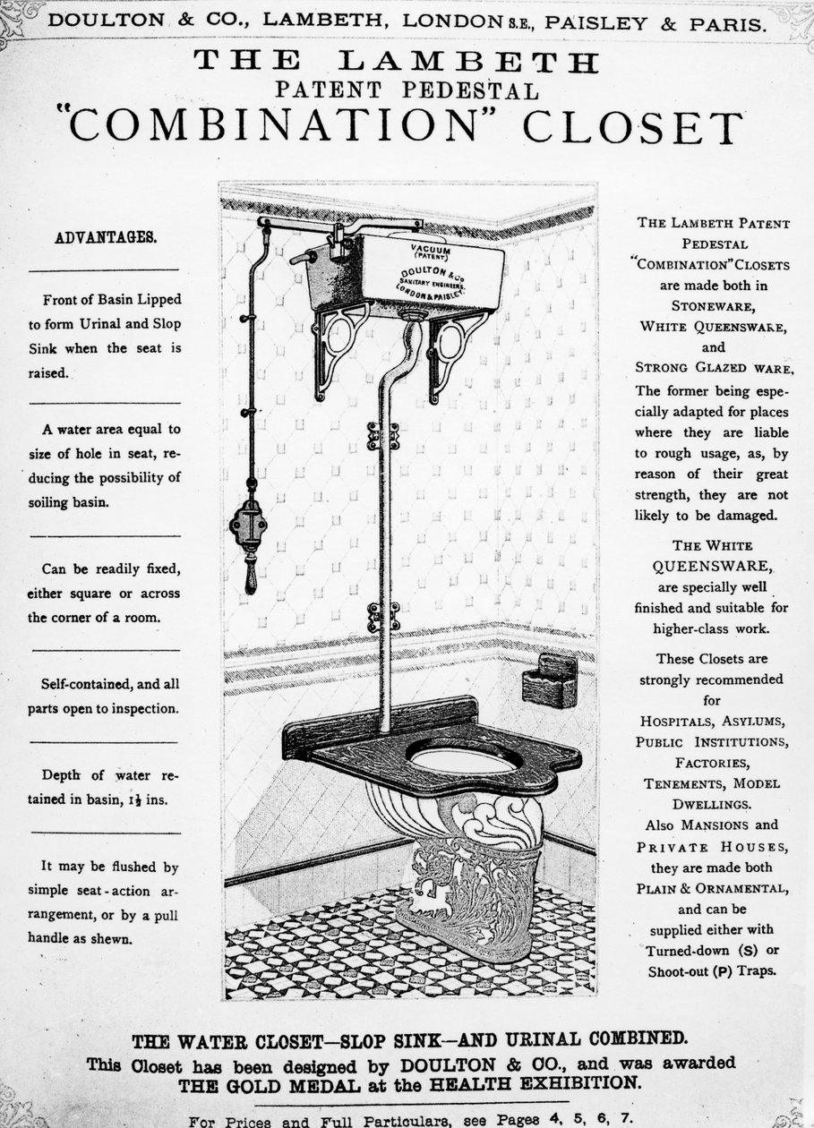 Publicité pour le Lambeth Patent Pedestal Combination Closet, vers 1890 - English School