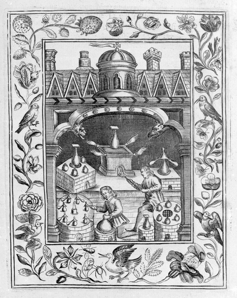 Laboratoire alchimique montrant diverses formes de fourneaux et de vaisseaux, tiré du Theatrum Chemicum Britannicum d