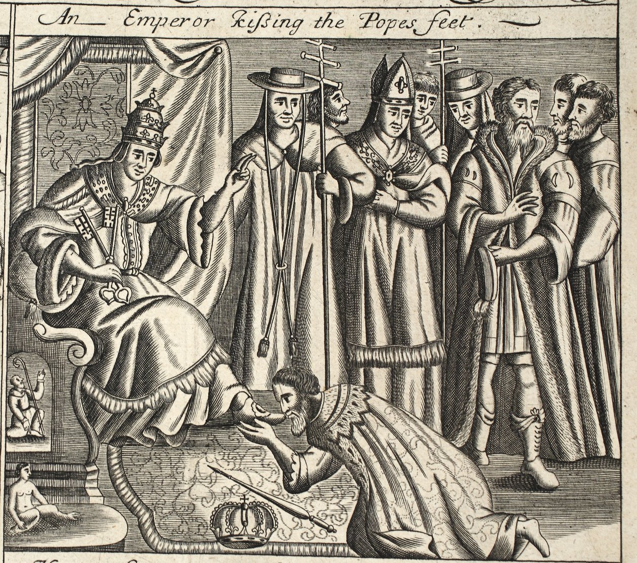 Un empereur baisant les pieds du pape, illustration des Actes et Monuments de John Foxe, neuvième édition, pub. 1684 - English School