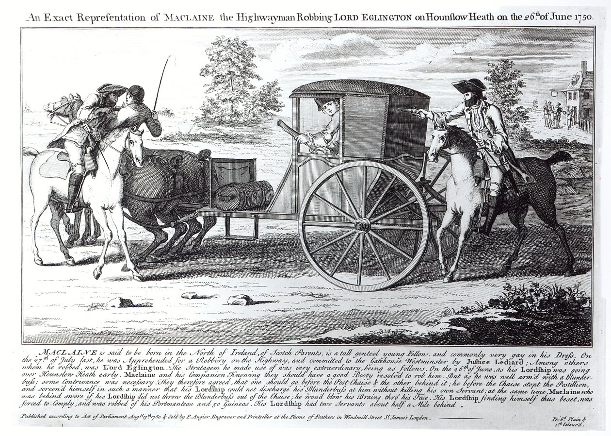 Représentation exacte de Maclaine le bandit de grand chemin volant Lord Eglington sur Hounslow Heath le 26 juin 1750 - English School